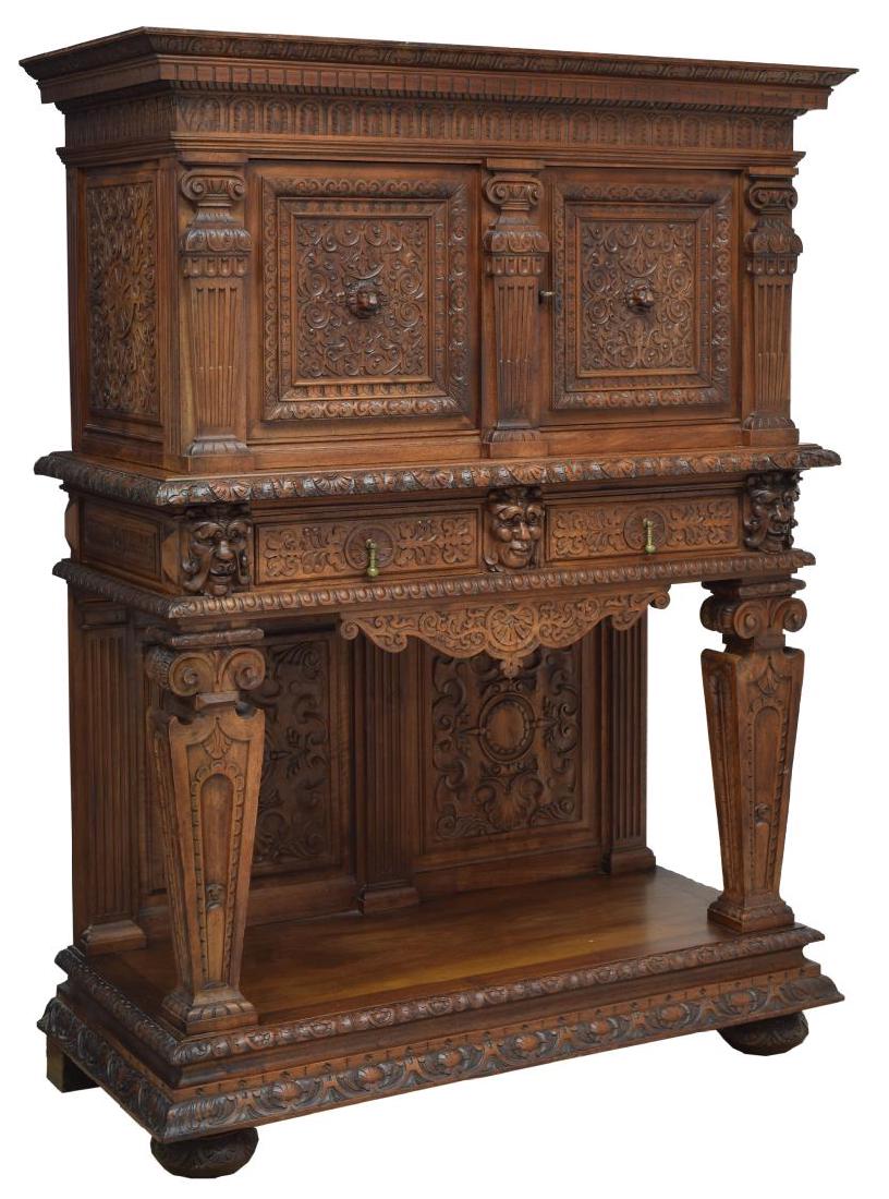 FRENCH HEAVILY CARVED WALNUT SIDEBOARD, LION MASKS (1 of 3)