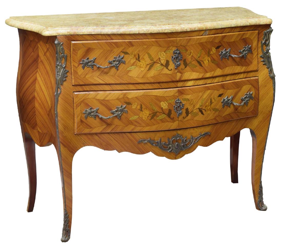 LOUIS XV STYLE FLORAL MARQUETRY MARBLE TOP COMMODE (1 of 4)