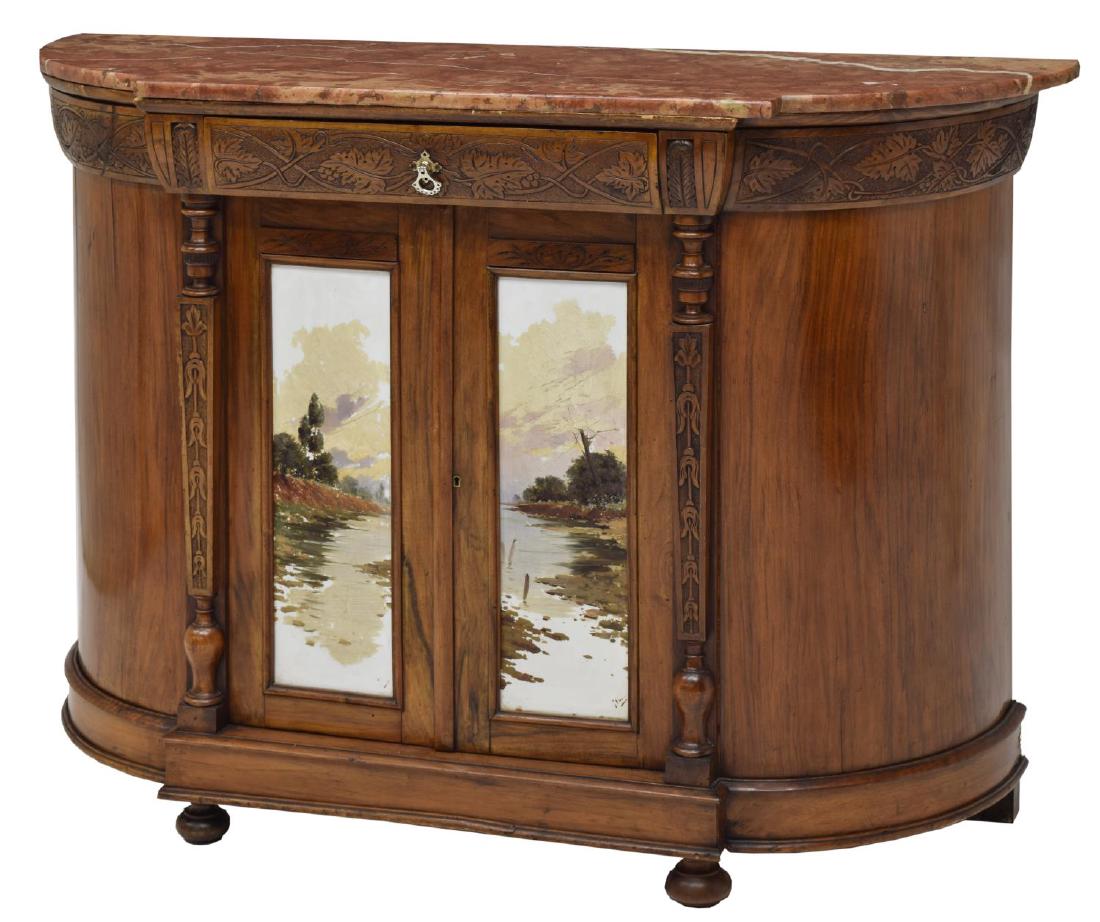 DEMILUNE MARBLE-TOP CARVED SIDEBOARD: Demilune sideboard, 20th c., with marble top, case fitted with drawer over double-door cabinet, half columnate supports, carved leaf and vine motif at frieze and drawer front, door panels inset with p