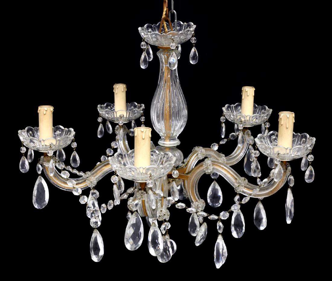 MARIA THERESA 5-LIGHT CHANDELIER, 20TH C: Maria Theresa Bohemian five-light chandelier, 20th c., the central standard issuing five scrolling metal arms encased with glass strips, terminating in cut glass bobeches with faux candle lights, acce