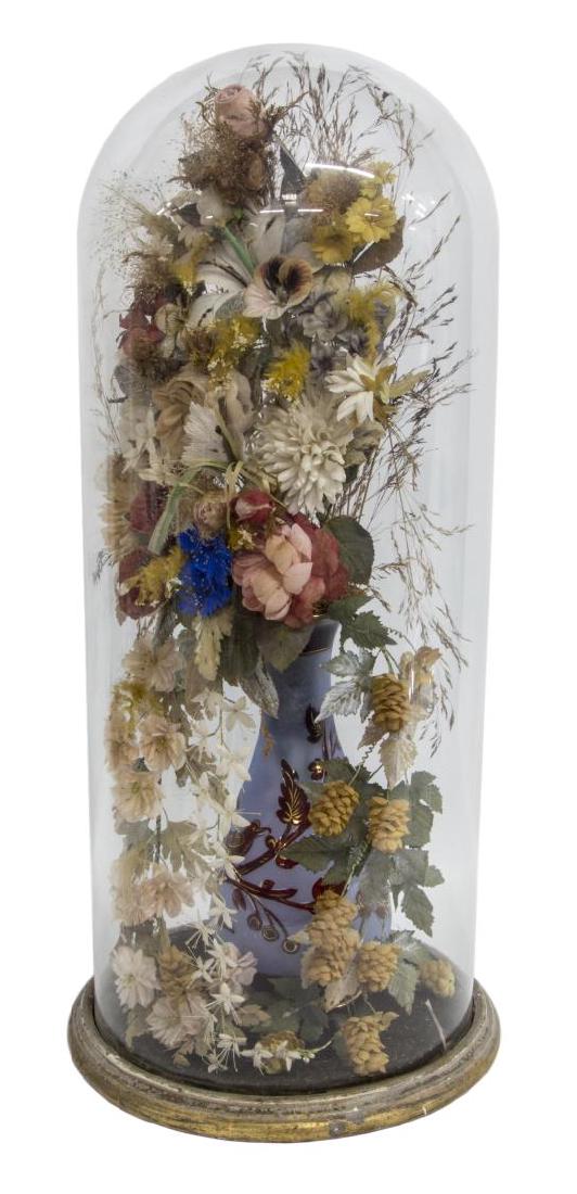 ANTIQUE GLASS PARLOR DOME W/FABRIC FLOWERS (1 of 3)