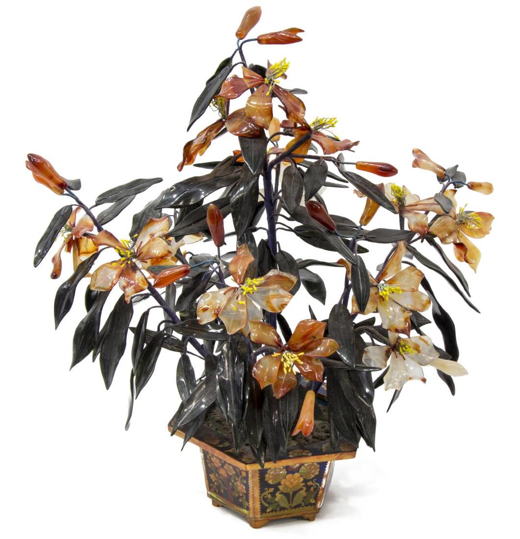 ASIAN HARD STONE FLOWERING TREE IN CLOISONNE POT (1 of 2)
