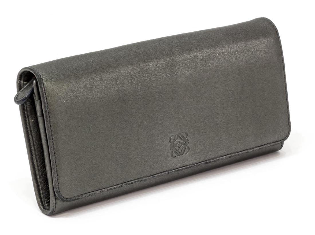 LOEWE PEWTER TONE LEATHER LONG BI-FOLD WALLET: Ladies Loewe pewter tone leather long bi-fold wallet, the flap top opening to card slots and bill folds, zipper coin compartment, Loewe logo impression on front, wallet: approx 3.75"h, 7.5"w, .25lb to