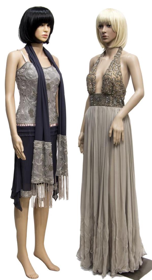 (3) SUE WONG & REEM ACRA BEADED EVENING DRESSES: (lot of 3) Designer clothing, including: (1) Sue Wong silk evening dress, with beaded embellishment at bodice and hem, adjustable shoulder straps, concealed zip closure at side, red marks to dress, un