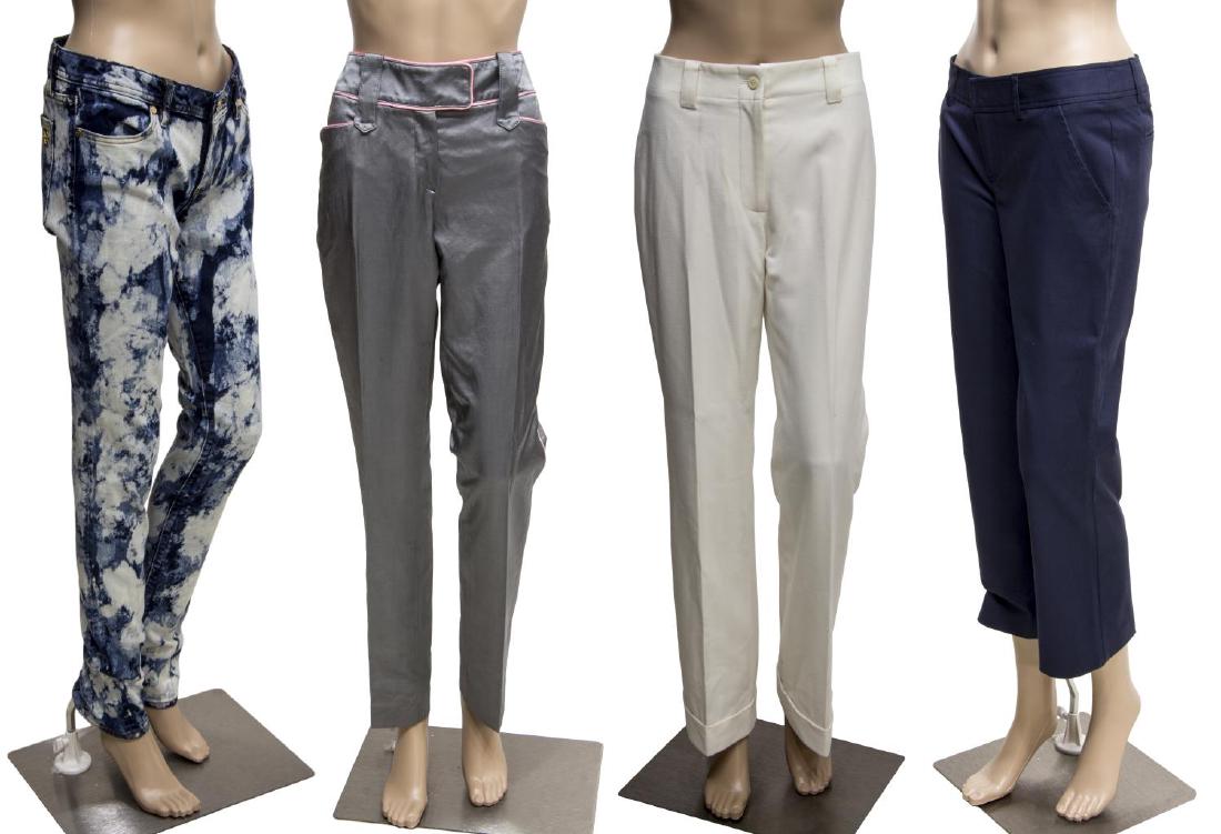 (4) DESIGNER PANTS, LACOSTE, TORY BURCH, ETC: (lot of 4) Designer pants, including: (1) Etcetera white pants, with cuff hem, button and zipper closure at front, unworn retaining retail tag, per interior label: size 2; (1) Iceberg grey pants, with