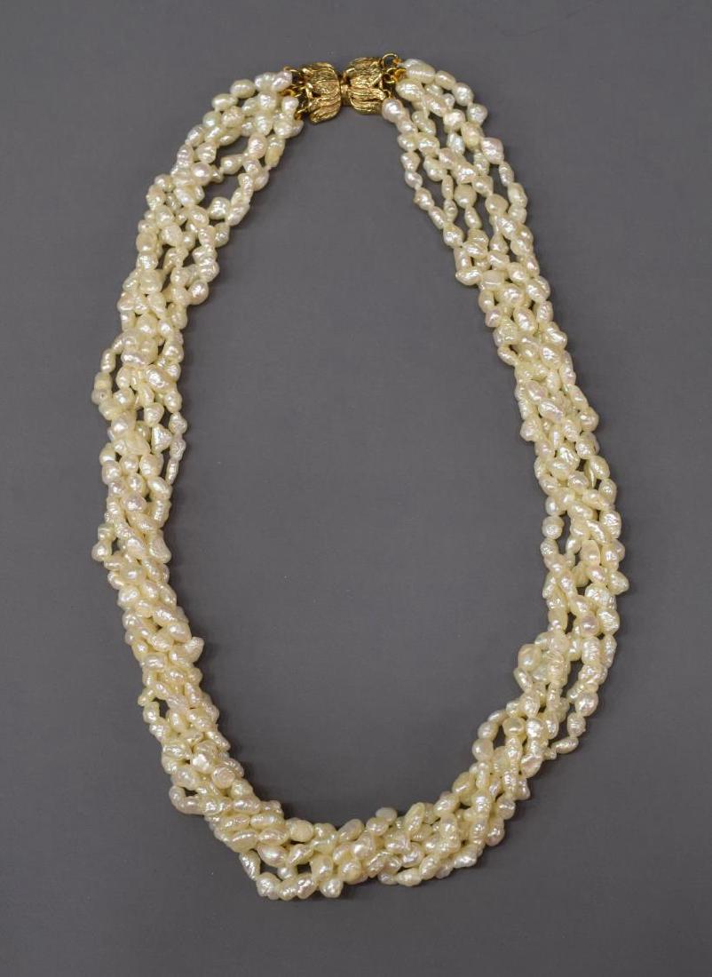 ESTATE RICE PEARL & 14KT CLASP TORSADE NECKLACE: Ladies estate torsade rice pearl choker, with heavy 14kt gold floriform clasp, approx 16â€l