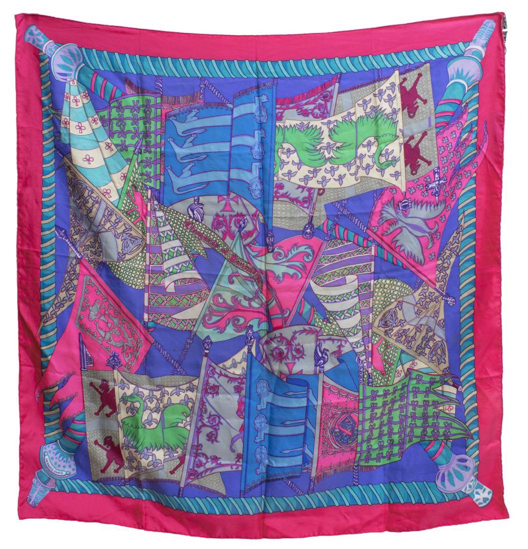 HERMES SILK TWILL SCARF 'ETENDARDS ET BANNIERES': Hermes silk twill scarf, "Etendards et Bannieres," original design by Annie Faivre c. 1984, retains care tag, some spotting, approx 36"h, 36"w, 0.25lbs *Provenance: Luxury goods are offered in partner