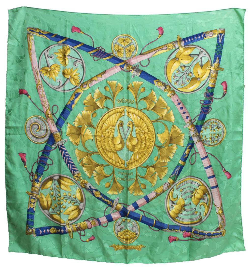 HERMES SILK TWILL SCARF 'DAIMYO PRINCES DU SOLEIL': Hermes silk twill scarf, "Daimyo Princes du Soleil Levant," original design by Francoise Faconnet c. 1990, retains care tag, approx 36"h, 36"w, 0.25lbs *Provenance: Luxury goods are offered in partner