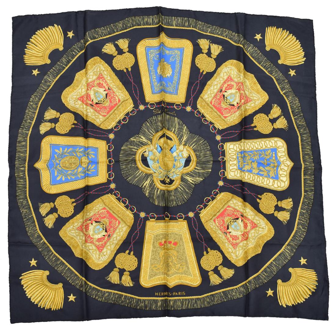 HERMES 'POSTE ET CAVALERIE' BLACK SILK NECK SCARF (1 of 3)