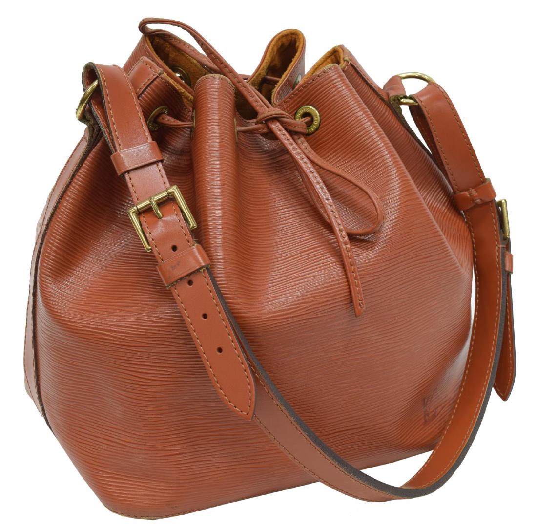 LOUIS VUITTON 'NOE PM' KENYAN FAWN EPI LEATHER: Louis Vuitton "Noe PM," in Kenyan Fawn Epi leather, with brass hardware, embossed logo embellishment at front, single adjustable shoulder strap, tonal Alcantara lining and drawstring closure at top, s