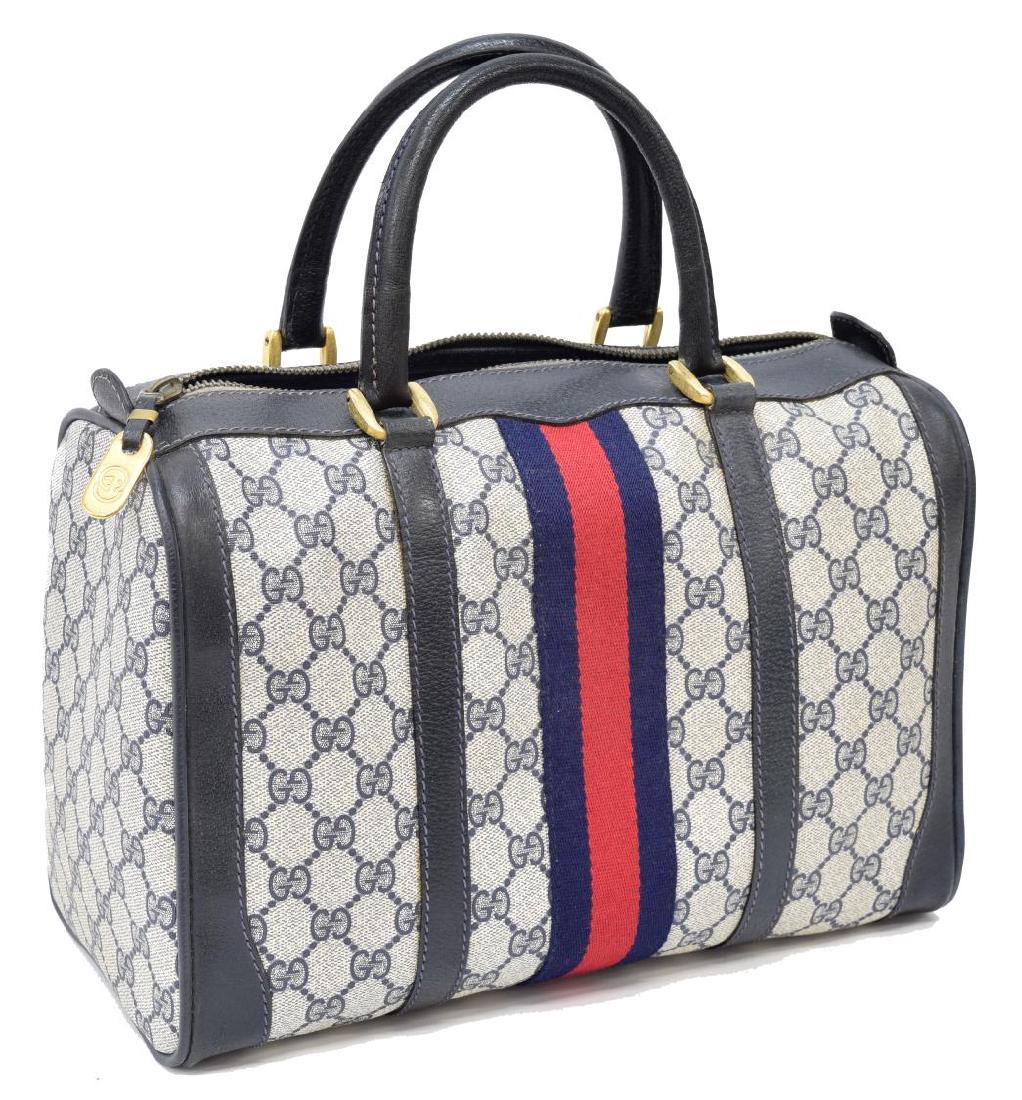 VINTAGE GUCCI NAVY BLUE GG CANVAS WEB BOSTON BAG (1 of 4)