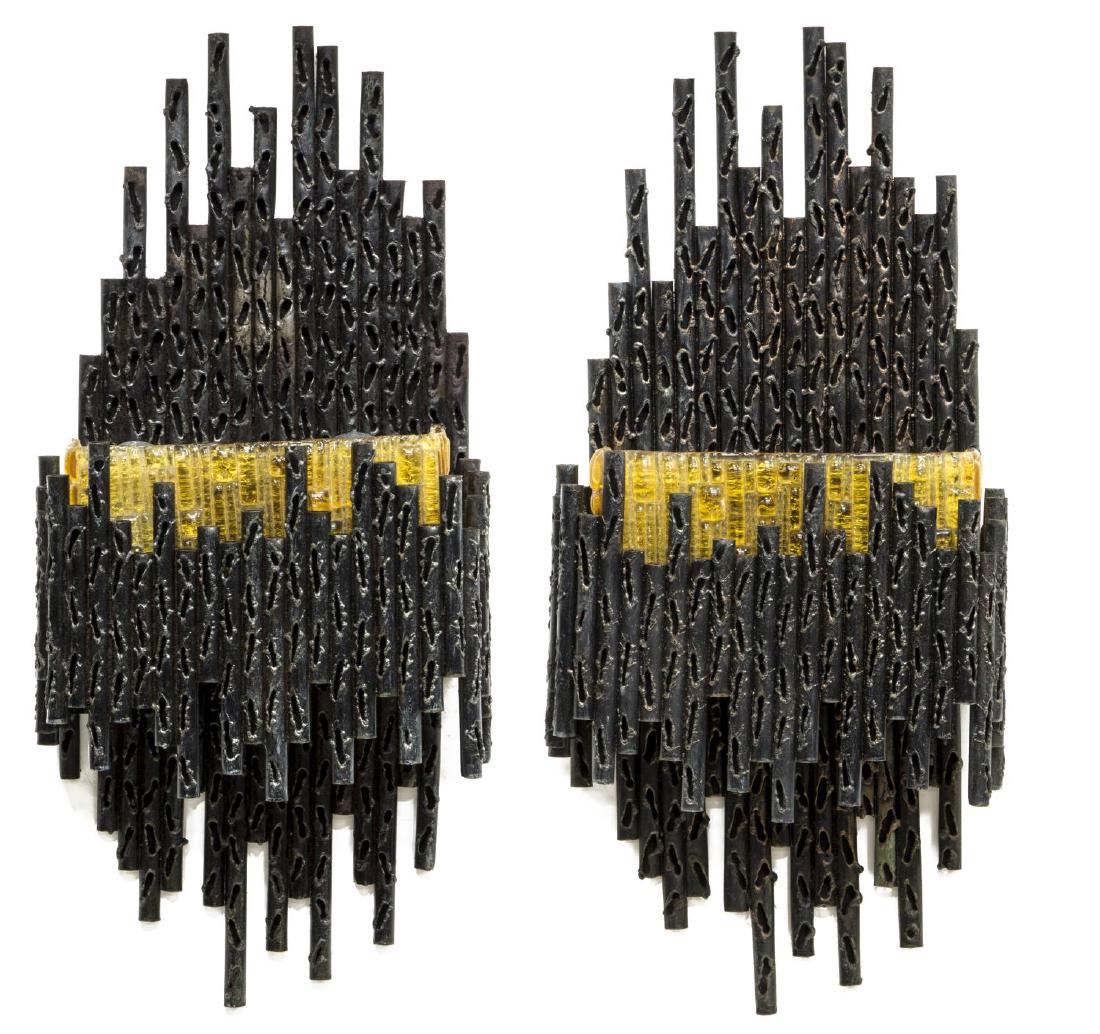 2) MARCELLO FANTONI BRUTALIST CUT IRON WALL LIGHTS: (pair) Brutalist cut iron wall lamps sconces, c. 1970's, design by Marcello Fantoni (Italian, b. 1915), each fitted with textured yellow Murano glass cover and two light sockets, in need of wiring, ap