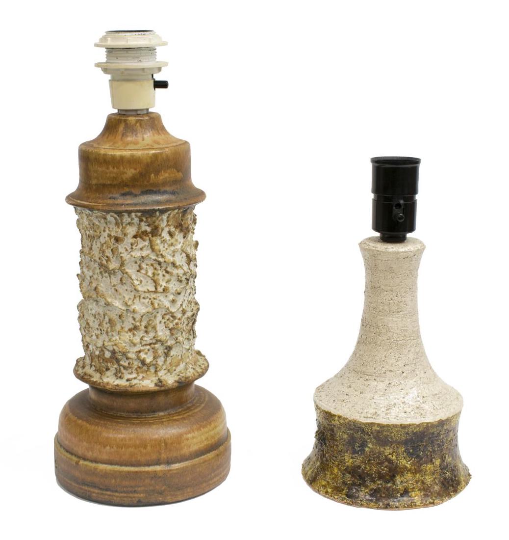 (2)SCANDINAVIAN MODERN POTTERY TABLE LAMPS, SIGNED: (lot of 2) Scandinavian modern stoneware table lamps, c. 1970's/80's, including: (1) Swedish lamp having brown standard with white textured section to middle, design by Bruno Karlsson of Ego Steingods