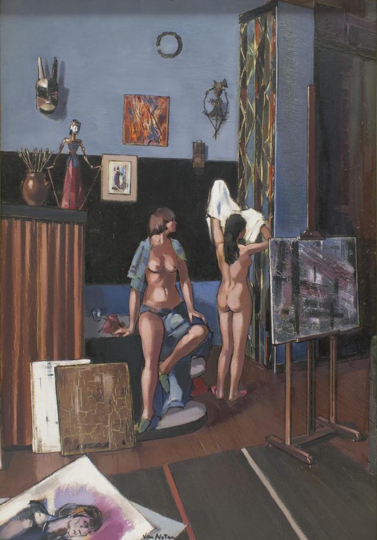 JEAN VAN NOTEN (1903-1982) PAINTING WITH NUDE: Framed painting on panel, "Scene From the Workshop", signed lower center Van Noten (Jean Van Noten, Belgium, 1903-1982), signed again and titled on verso, sight: 28"h, 19.5"w, overall: 311.25"h, 22.5"