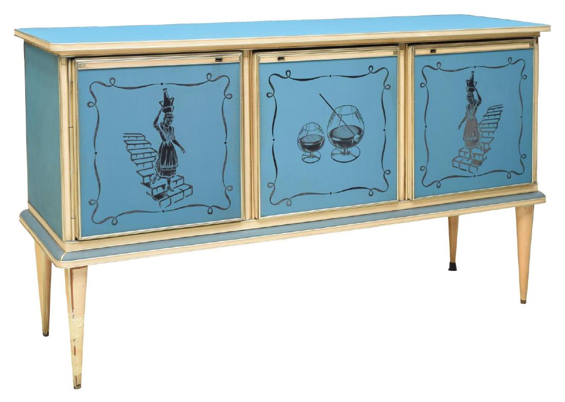 UMBERTO MASCAGNI MID-CENTURY MODERN SIDEBOARD: Italian mid-century modern viny wrapped sideboard, design by Umberto Mascagni, c. 1950, the rectangular top over three doors, each with figural and cocktail motif painted glass, on vinyl wrapped taper