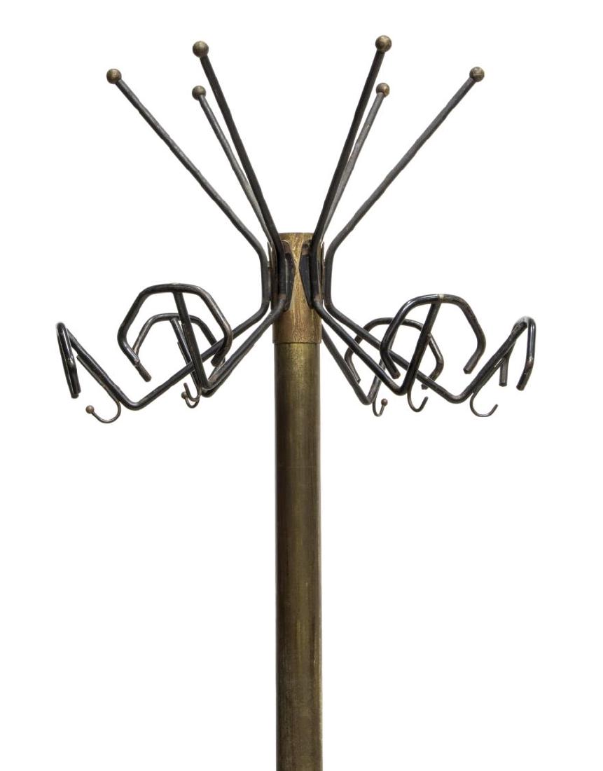 ITALIAN MIDCENTURY MODERN STANDING METAL COAT RACK: Italian mid-century modern standing coat rack, c. 1950, six coat and hat hooks, on brass standard, surmounting painted metal base, approx 71"h, 17"w, 17"d Start Price: $100.00