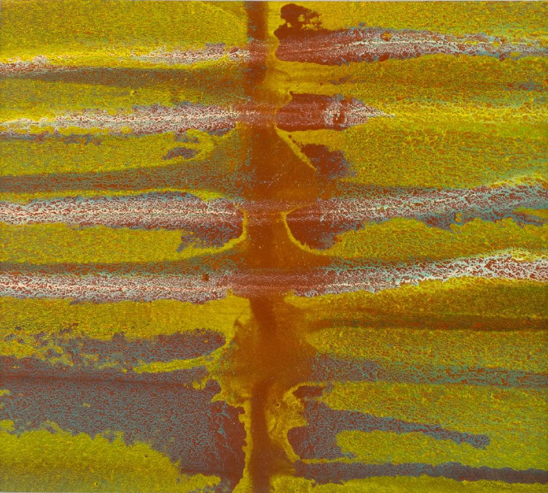 RALPH E. WHITE (TEXAS,1921-2004) ABSTRACT PAINTING: Mixed media on paper, 1983, Untitled Abstract, dated, signed, and stamped verso Ralph White (Ralph Ernest White, Jr., Texas, Minnesota, 1921-2004), affixed to mat, sight: 12.5"h, 11.25"w, overall: 16.