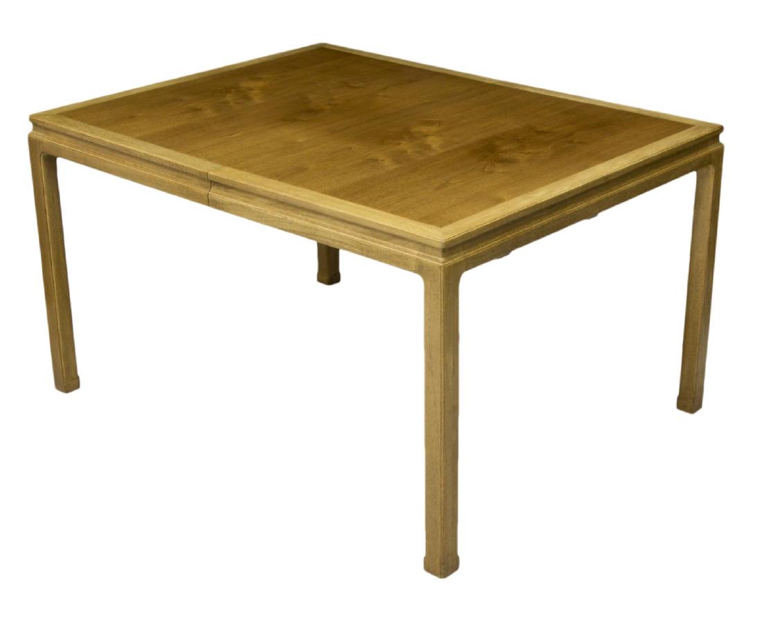 EDWARD WORMLEY FOR DUNBAR EXTENSION TABLE: Mid-century modern extension dining table, design by Edward Wormley for Dunbar, bleached mahogany, rectangular top over square legs with cuff feet, collapsible center legs, accompanied by 2 matching l