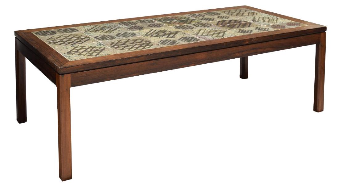 MID-CENTURY MODERN ROSEWOOD & TILE COFFEE TABLE: Mid-century modern rosewood framed coffee table, 1960's, a rectangular inset tile top rising on straight squared legs, 20"h, 59.5"w, 28"d Start Price: $80.00