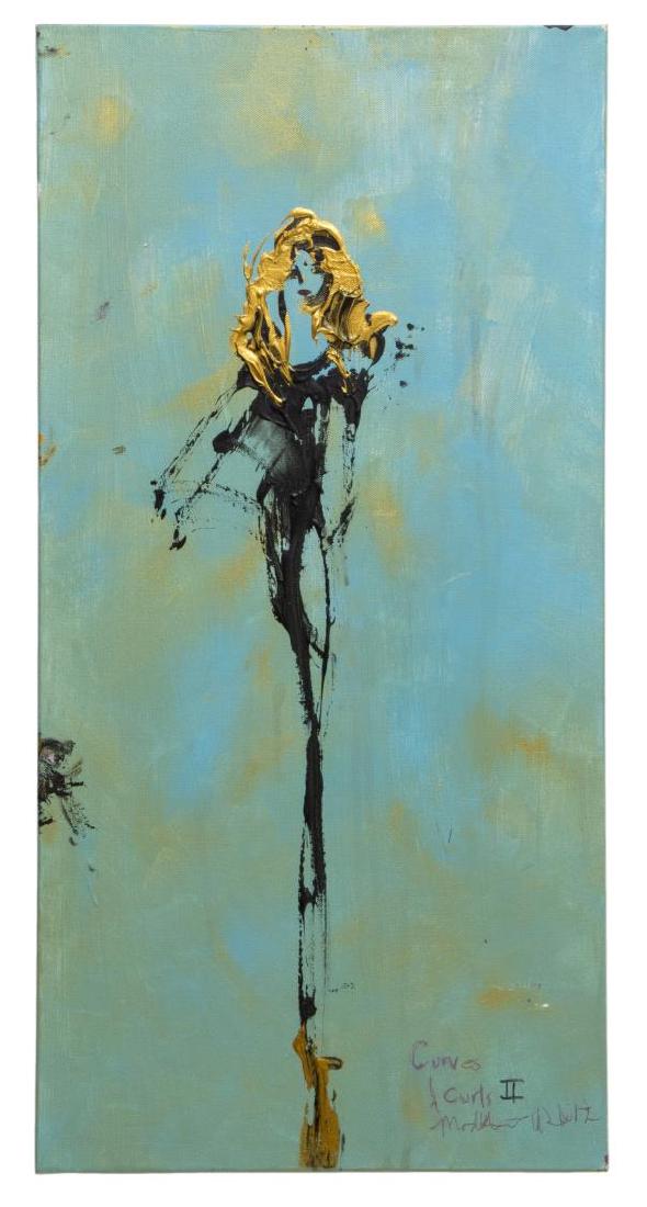 FRANCO MONDINI-RUIZ PAINTING, CURLS & CURVES II: Unframed oil on canvas, "Curves & Curls II", titled and signed lower right Mondini-Ruiz (Franco Mondini-Ruiz, New York / Texas, b. 1961), paint loss at corners, 30"h, 15"w, 3.25lbs Start Price: $100.0