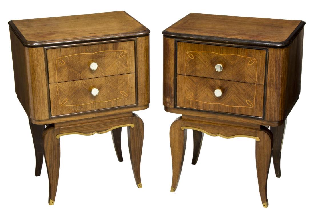 (2) FRENCH MID-CENTURY MAHOGANY SIDE CABINETS: (pair) French mid-century mahogany side cabinets, rectangular top over conforming body, having chevron and line inlay, fitted with two drawers, with crystal and metal medallion pulls, scalloped apron 