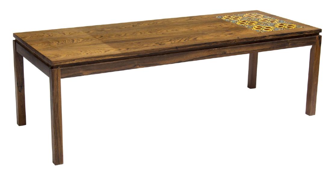 DANISH MID-CENTURY MODERN ROSEWOOD COFFEE TABLE: Danish mid-century modern tile and rosewood coffee table, c. 1950's, the rectangular rosewood top inlaid with glazed tiles to one end, rising on square straight legs, some color variation, 20"h, 61"w,