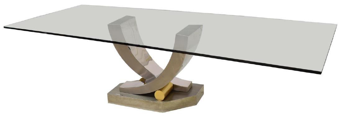 GREG SHERES CHROME SCULPTURAL DINING TABLE: Sculptural chromed steel dining table, by Greg Sheres (American, 20th c.), numbered 111/300, having rectangular glass top, signature and number etched to base, approx 30.5"h, 120"w, 48"d Start Price: 