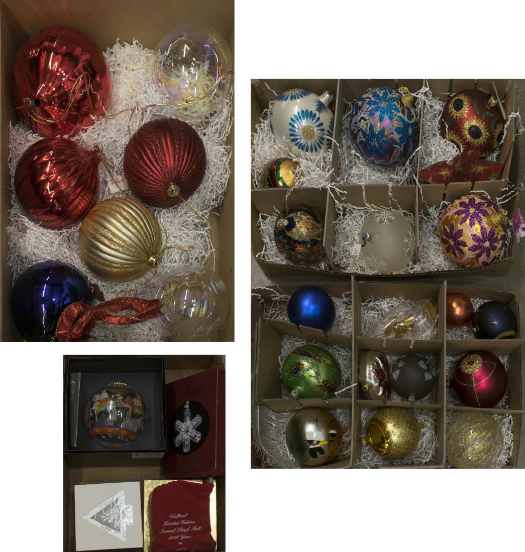 HUGE COLLECTION PAINTED CHRISTMAS TREE ORNAMENTS: (lot) Huge collection of Christmas tree ornaments, most being glass, assorted makers, some possibly Radko, several boxed examples including (1) Versace, (1) Gorham sterling snowflake, (1) Waterford 20