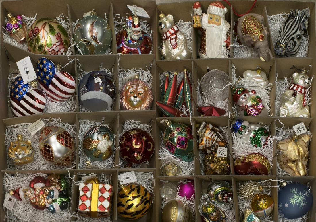 HUGE COLLECTION RADKO & OTHER CHRISTMAS ORNAMENTS: (lot) Huge collection of Christmas tree ornaments, most being glass, many by Christopher Radko and retaining original tags, highlights include (1) large Radko Santa, (2) Radko American flag hearts, se