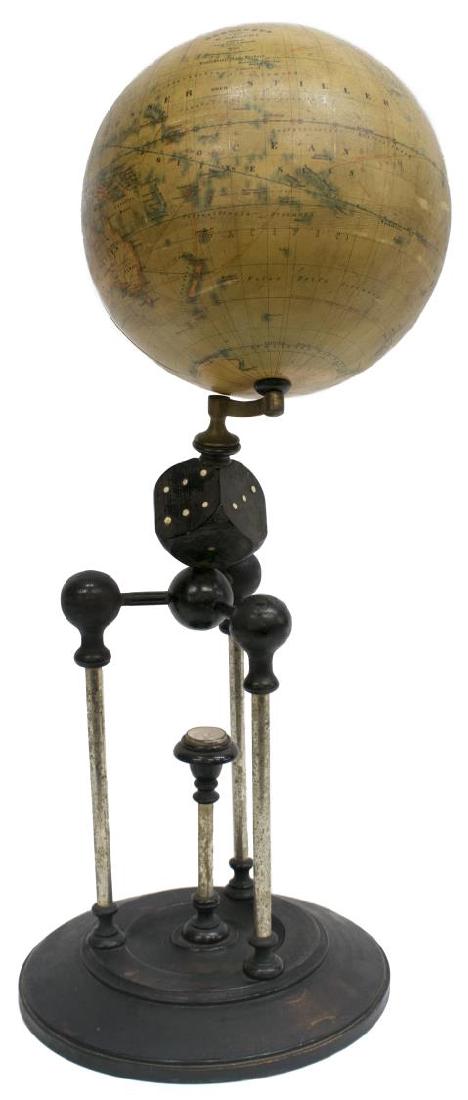 H. KIEPERT GERMAN TERRESTRIAL GLOBE & COMPASS: German terrestrial globe, H. Kiepert, Berlin, the diminutive globe reading "Erdglobus... / H. Kiepert / Berlin / Geogr Ver L. . Reimer / Ernst Vohsen ? ... Rabel" suspended above a carved playing dice