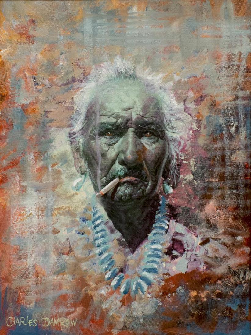 CHARLES DAMROW (1916-1989) OIL ON CANVAS PAINTING: Framed oil on canvas painting, 20th c., Native American and Cigarette, signed lower left Charles Damrow (Arizona, Wisconsin, 1916-1989), small tear to canvas, sight: approx 15.5"h, 11.5"w, overall: ap