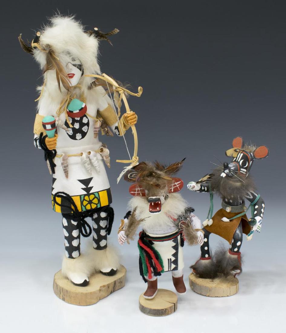 (3) HOPI KACHINA DOLLS, WHITE BUFFALO, MOUSE, BEAR: (lot of 3) Hopi Kachina dolls, carved wood, polychrome painted, with leather, shell, feather, and fur accents, including: (1) "White Buffalo," by Clifford Pangyesvia, title and artist written underfoo