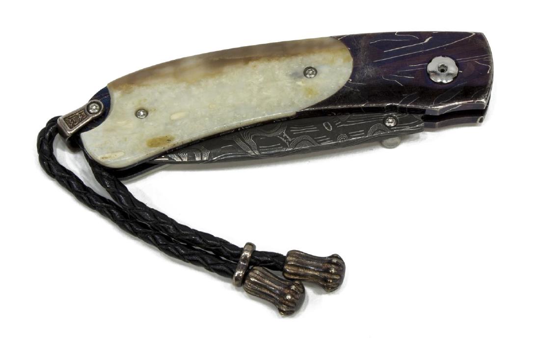 WILLIAM HENRY STUDIO POCKET KNIFE: William Henry Studio folding pocket knife, Monarch Sage, 2" Damascus blade, inset citrine stones Start Price: $200.00