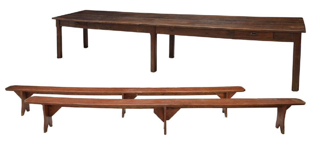 (3) FRENCH PINE FRAMHOUSE TABLE & BENCHES, 152"L: (lot of 3) French pine farmhouse table and benches, 20th c.: (1) plank top dining table with two drawers rising on six octagonal legs, 29.75"h, 152"w, 32.75"d; (2) benches, 17.5"h, 157"w, 9.5"d Start
