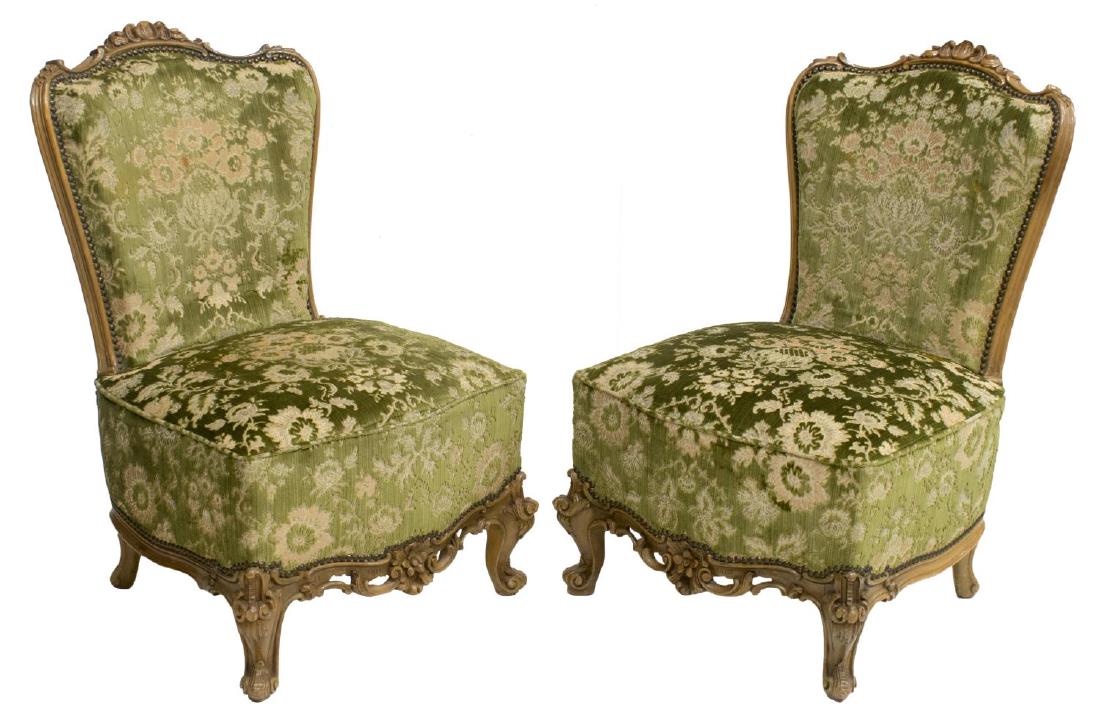 (2) ITALIAN ROCOCO STYLE DAMASK SIDE CHAIRS: (pair) Italian Rococo style side chairs, carved shell form crest, cupid's bow back, with green and pink damask upholstered back and seat, having nail head accents, piecerced and carved apron, rising o