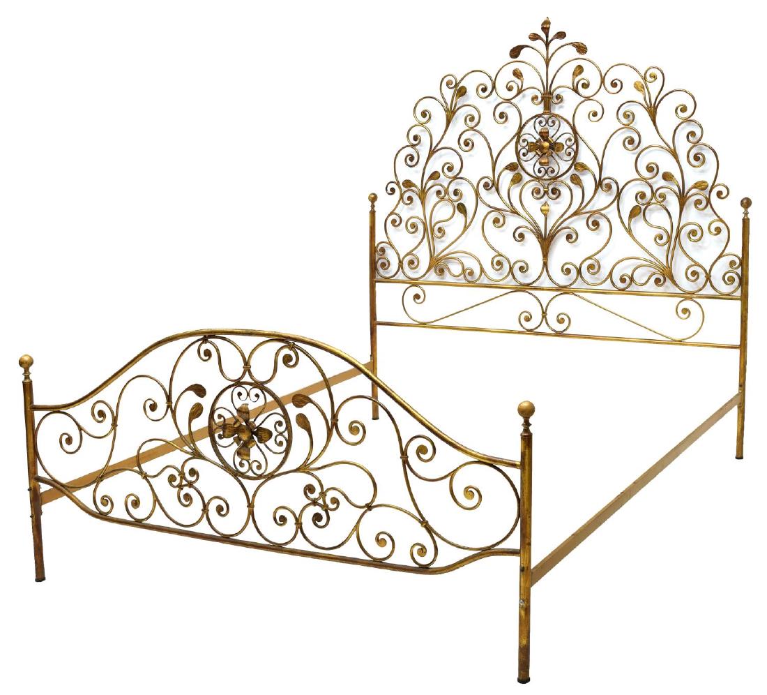 ITALIAN PEACOCK STYLE GILT IRON BED, EARLY 20TH C: Italian peacock style gilt iron bed, early 20th c., having pierced scrolled head and foot board, pierced floral reserves to center, ball finials, over cylindrical legs, exterior: approx 71.5"h, 68.75"