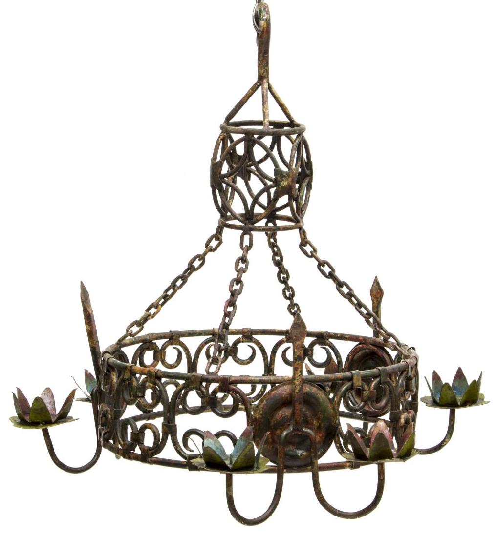 FRENCH COLONIAL STYLE POLYCHROME IRON CANDELIER: French Colonial style polychrome iron candelier, scrolled iron accents on the ciruclar frame, issuing six floriform candle holders, approx 27"l (hook to lowest candle arm), 28"w (candle arm to candle 