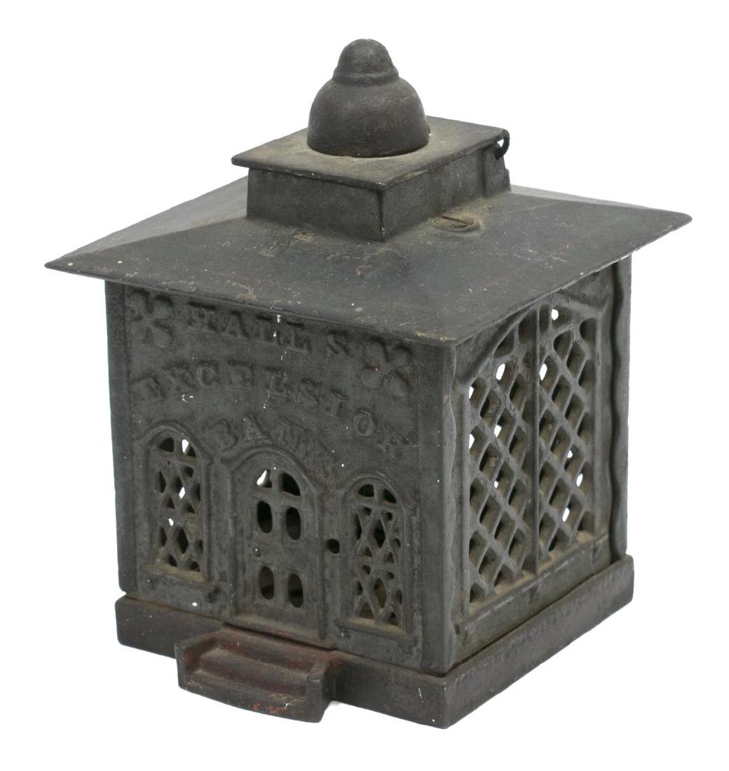 HALL'S EXCELSIOR BANK, CAST IRON, PAT. 1869,: Cast iron bank, "Hall's Excelsior Bank", John Hall, Watertown, Massachusetts, patented December 21, 1869, the pierced bank with a capital at top that opens to a painted wood figure that holds coin, wh