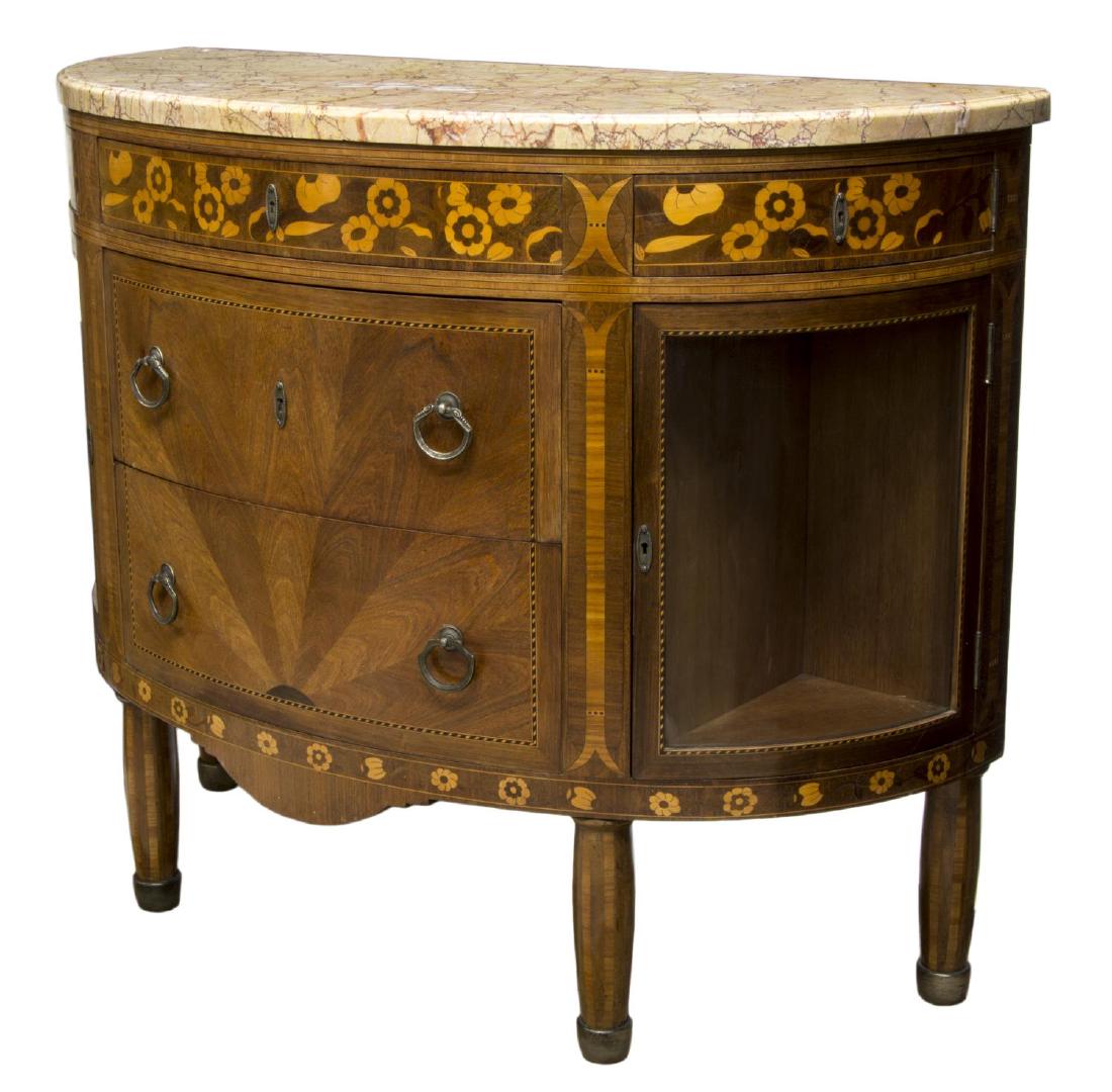 LOUIS XVI STYLE DEMILUNE MARBLE TOP SERVER: Louis XVI style demilune form mahogany server, c. 1900, a marble top above three frieze drawer and two lower central drawers flanked by glazed front doors, rising on turned legs, 37.25"w, 44.25"w, 18.
