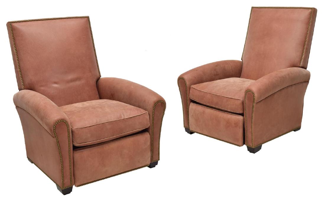 (2) EDWARD FERRELL LTD. LEATHER RECLINERS: (pair) Edward Ferrell Ltd. "Greenwich Club Full Pitch" recliner, Dallas, 20th c., in dusty rose leather upholstery, with nail head accents, having straight back over armrests, removable seat cushion,