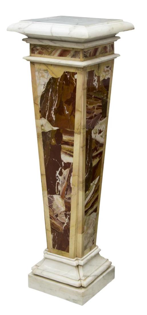SPECTACULAR FRENCH MARBLE STAND, EARLY 20TH C.: French marble stand, early 20th c., constructed from three varieties of marble, with square cornice top, over tapered standard, stepped plinth base, approx 47.5"h, 15"w, 15"d Start Price: $600.00