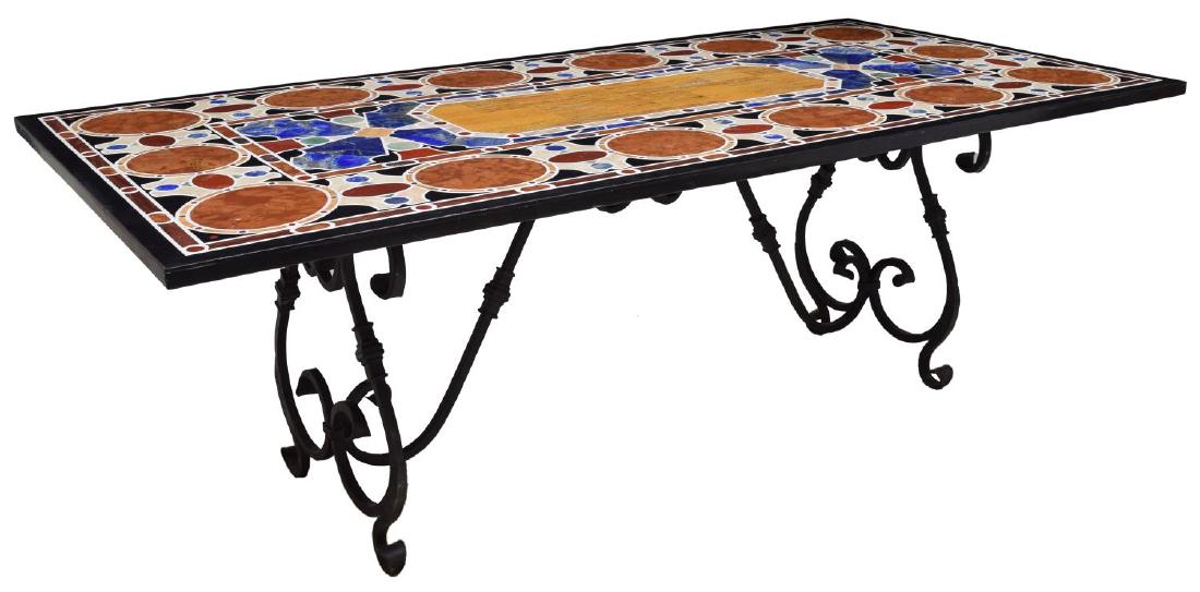 RECTANGULAR PIETRA DURA MARBLE IRON TRESTLE TABLE: Pietra Dura dining table, having rectangular polychrome marble and stone inlaid top, rising on iron base, having lyre shaped scrolled trestle legs, with dual scrolled stretcher, approx 30.5"h, 90"w, 4
