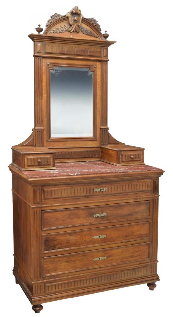 FRENCH MIRRORED MARBLE TOP DRESSER: Louis XVI style mahognay mirrored dresser, late, 19th c., an arched cornice above the central mirror, two flanked by two short drawers, the rectangular top with inset marble above four drawers, rising