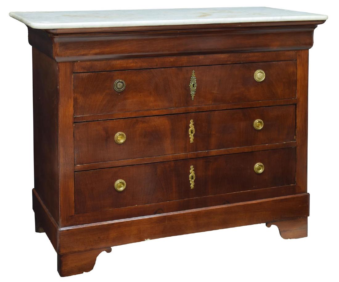 FRENCH CHARLES X MARBLE TOP COMMODE: French Charles X marble top four drawer commode, 19th c., the upper drawer appearing as trim, rising on bracket feet, 37.75"h, 47"w, 20.75"d Start Price: $300.00