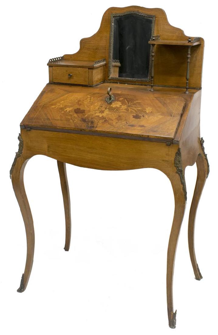 FRENCH LOUIS XV STYLE MARQUETRY SECRETARY DESK: French Louis XV style secretary, 20th c., upper part with beveled mirror, drawer, and stand, all over drop front panel with floral marquetry, opening to velvet writing surface, interior fitted with th
