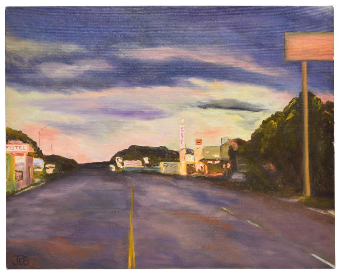 SIGNED 'JEB' PAINTING ON CANVAS, HIGHWAY SUNSET: Painting on stretched canvas, Highway Sunset, signed lower left Jeb (?), overall 24"h, 30"w, 2.5lbs Start Price: $100.00
