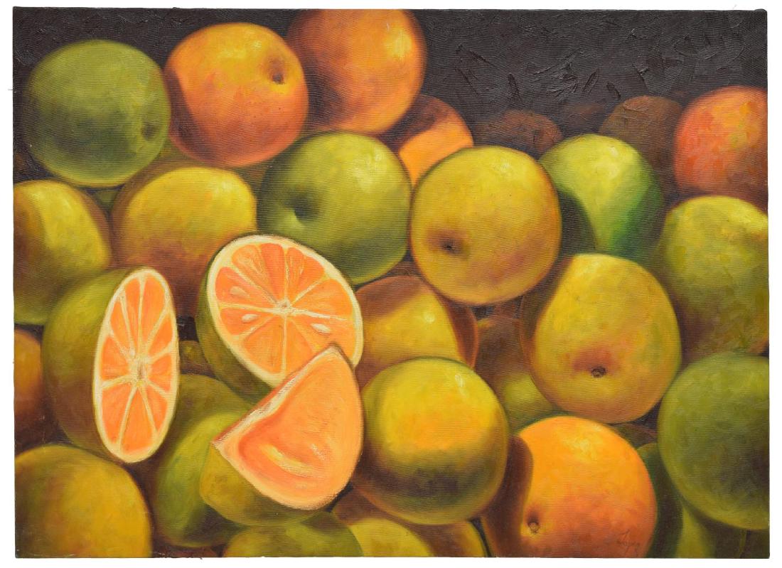 SIGNED OIL PAINTING ON STRETCHED CANVAS 'NARANJAS': Oil painting on stretched canvas, "Naranjas," signed lower right and verso Lopez, titled verso, overall: 30"h, 40"w, 3.75lbs Start Price: $80.00