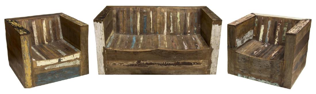 RECLAIMED TEAKWOOD POLYCHROME SOFA & CHAIR GROUP: (lot of 3) Teakwood polychrome sofa and chair set with remnants of multiple color paint, (1) settee: 24.25"h, 50"w, 28.25"d, (2) chairs: 24"h, 30.25"w, 28.25"d Start Price: $200.00