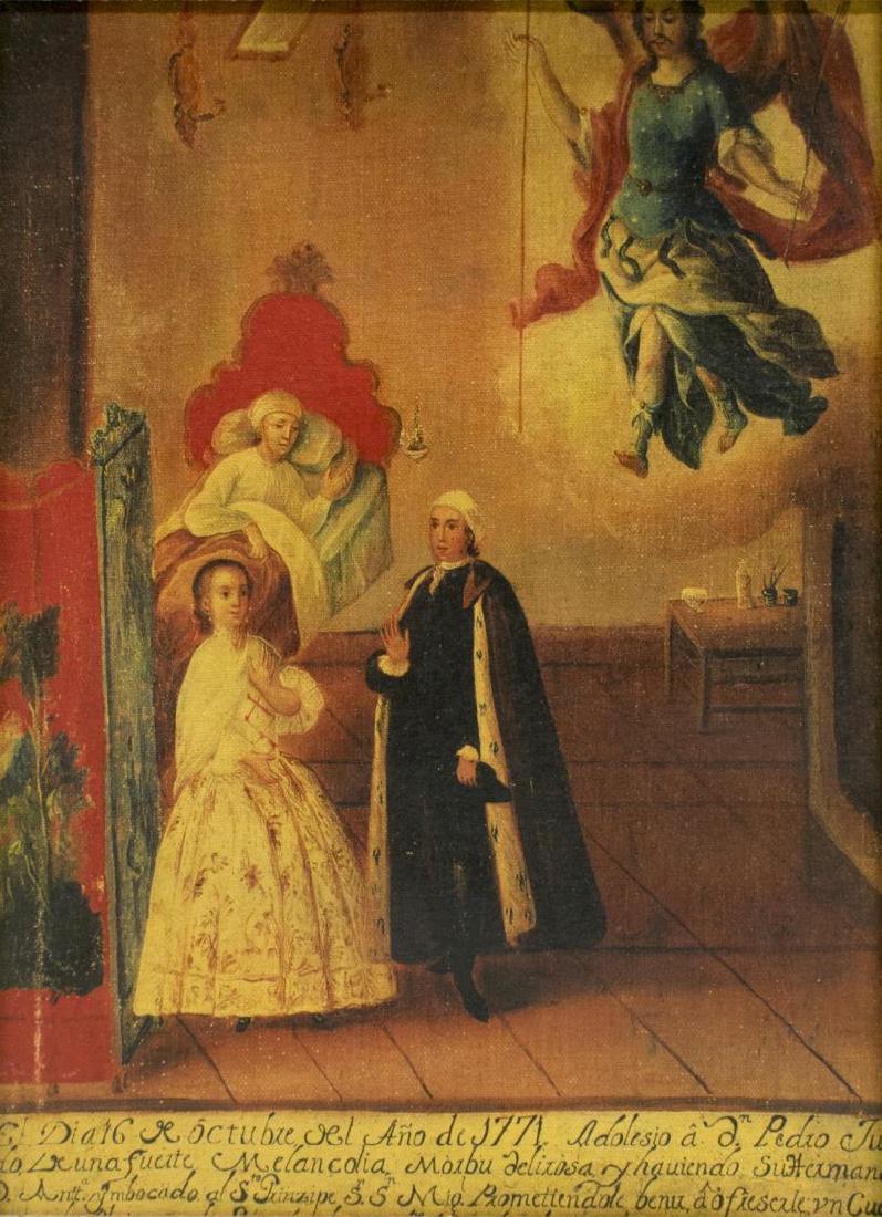 FRAMED RELIGIOUS EX-VOTO RETABLO ON CANVAS: Framed religious retablo ex-voto print on canvas depicting an angel above a ill bed ridden person, a priest and a lady, sight: 14.25"h, 10.25"w, overall: 20.75"h, 16.75"w, Start Price: $80.00