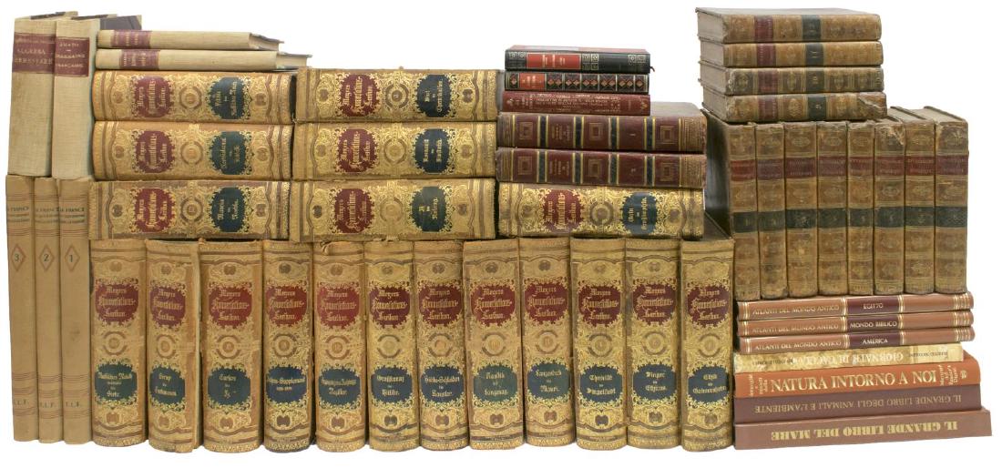 (50) HARDCOVER LEATHER BOUND DECORATIVE BOOKS: (lot of 50) Hardcover books, foxing, discoloration, wear to binding, including: (19) German language encyclopedia, c. 1894, "Meyers Konversations-Lexikon," volume 12 with detached spine cover, (3) "La